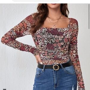 Floral Long Sleeve Top with Distressed Jeans